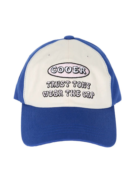Two-Tone Graphic Cap IL515 Blue front flat shot, blue and white two-tone baseball cap with COOER oval embroidery and Trust Tony Wear The Cap text