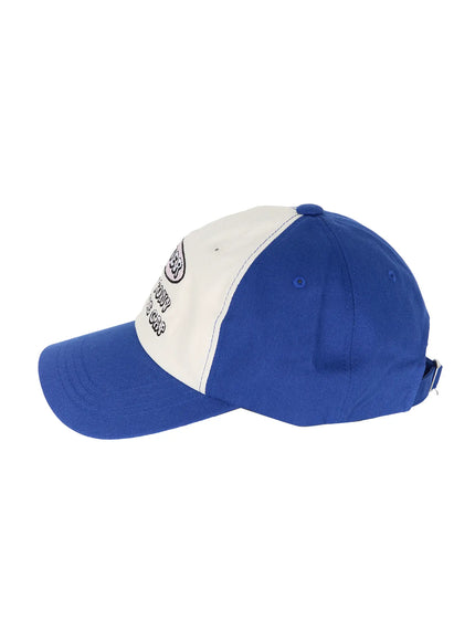 Two-Tone Graphic Cap IL515 Blue side flat shot, left-side profile of blue and white two-tone cap showing curved brim and silver adjustable buckle strap