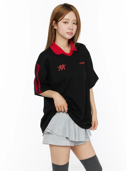Two-Tone Relaxed-Fit Polo Shirt CL502 in Black, size M/L