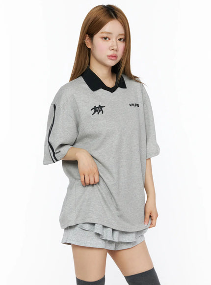 Two-Tone Relaxed-Fit Polo Shirt CL502 in Gray, size M/L