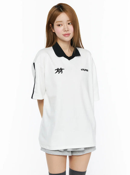 Two-Tone Relaxed-Fit Polo Shirt CL502 in White, size M/L