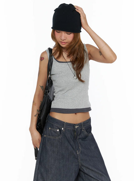 LEWKIN Two-Tone Tank Top CL503 Gray front shot on model wearing black beanie and carrying black bag styled with dark denim