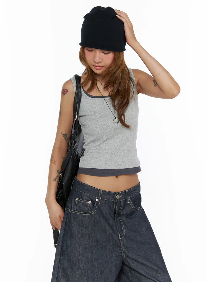 LEWKIN Two-Tone Tank Top CL503 Gray front shot on model wearing black beanie and carrying black bag styled with dark denim