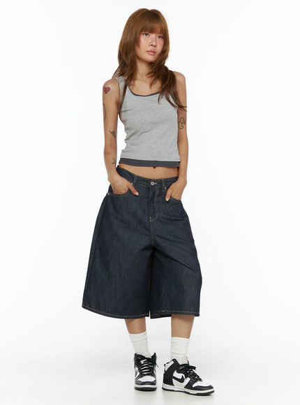Two-Tone Tank Top CL503 Gray full-body front shot on model styled with wide-leg denim shorts and high-top sneakers hands in pockets
