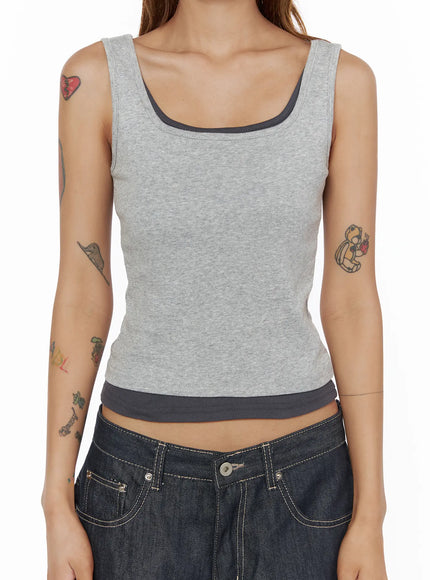 Two-Tone Tank Top CL503 Gray close-up front shot on model highlighting dark charcoal contrast scoop neckline and ribbed cotton crop body