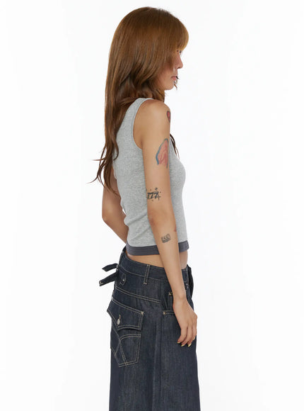 Two-Tone Tank Top CL503 Gray left side shot on model showing fitted ribbed silhouette dark contrast trim at hem and neckline