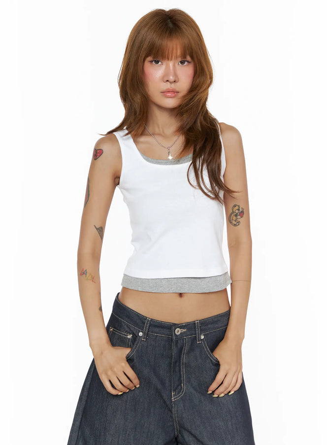 Two-Tone Tank Top CL503 White front shot on model standing straight with dark gray contrast trim scoop neck crop silhouette