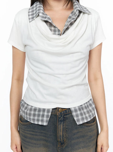 Two-Toned Collar Tee CL517 White close-up front detail shot on model, cowl drape neck, grey gingham plaid collar and layered hem, fitted cotton tee texture