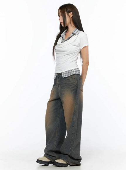 Two-Toned Collar Tee CL517 White full-body side shot on model looking left, cowl drape neckline visible, layered plaid collar and hem, slim silhouette