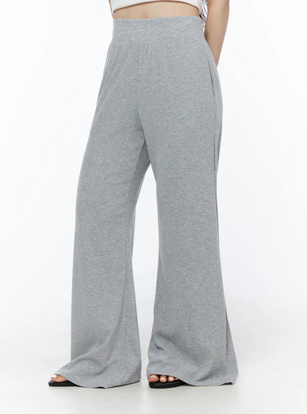 Two-Way Top & Sweatpants Set IU525 Gray back three-quarter shot on model showing high-waist band and flared wide-leg ribbed sweatpants from behind