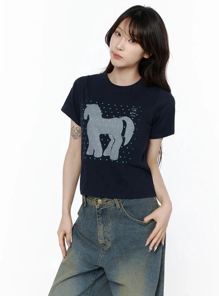 Unicorn Graphic Crop T-Shirt IL506 in Dark blue, size S/M