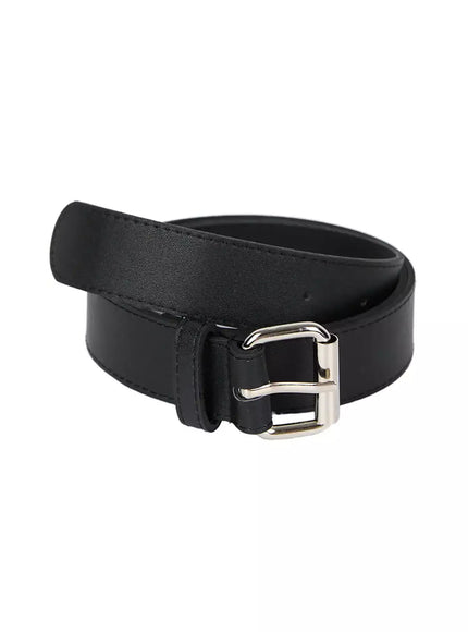 Unisex Square Belt IU524 Black flat product shot of belt coiled on white background showing smooth black leather strap with silver square roller buckle