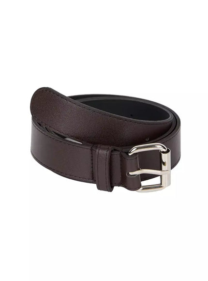 Unisex Square Belt IU524 Brown flat product shot of belt coiled on white background showing smooth leather strap and silver square roller buckle