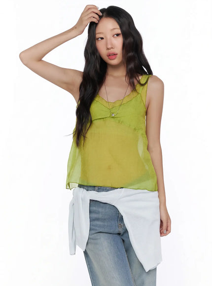 LEWKIN V-Neck Layered Sleeveless Blouse CL510 Green S/M front shot on model hand in hair posed with jeans and white shirt tied at waist sheer chiffon