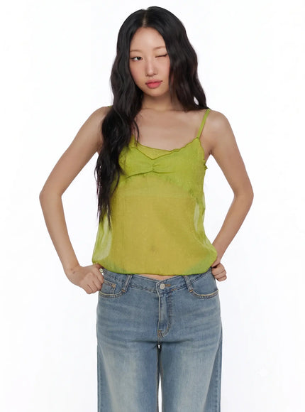 V-Neck Layered Sleeveless Blouse CL510 Green front close-up on model showing scallop neckline edge detail semi-sheer chiffon texture and gathered bust with denim