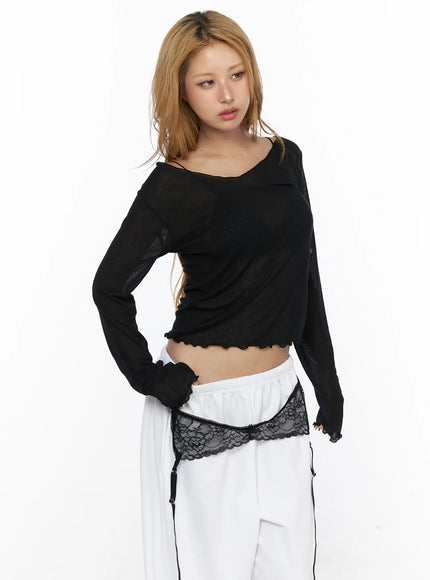 V-Neck Lettuce Trim Sheer Long Sleeve Top CL528 Black three-quarter front shot on model hand on hip showing off-shoulder drape and sheer knit texture