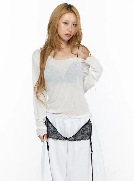 V-Neck Lettuce Trim Sheer Long Sleeve Top CL528 in White, size S/M