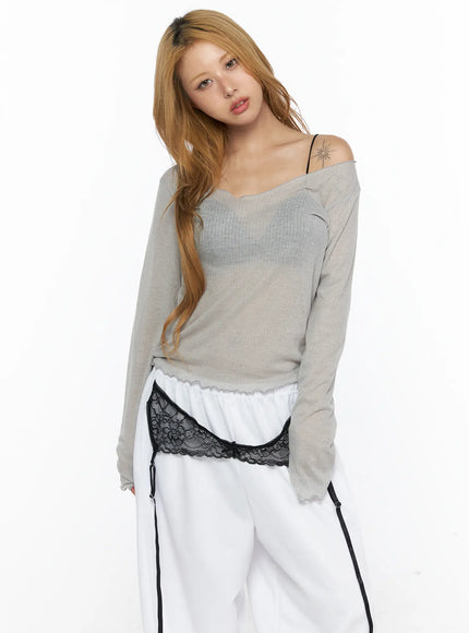 V-Neck Lettuce Trim Sheer Long Sleeve Top CL528 Gray front shot on model with scallop neckline ribbed sheer knit styled with white lace-waist pants