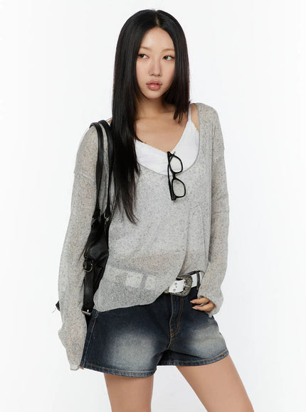 LEWKIN V-Neck Lightweuight Knit Top CU526 Light Gray front view on model wearing denim shorts and backpack, sheer open-knit texture, size S/M