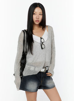 LEWKIN V-Neck Lightweuight Knit Top CU526 Light Gray front view on model wearing denim shorts and backpack, sheer open-knit texture, size S/M