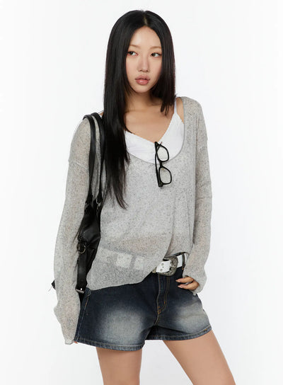 LEWKIN V-Neck Lightweuight Knit Top CU526 Light Gray front view on model wearing denim shorts and backpack, sheer open-knit texture, size S/M