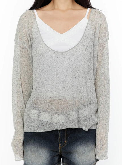 V-Neck Lightweuight Knit Top CU526 Light Gray close-up front detail on model, speckled open-knit fabric, scoop neckline with white lace cami underneath