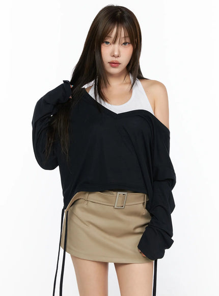 V-Neck Loose Drawstring Long Sleeve Top CL514 in Black, size M/L