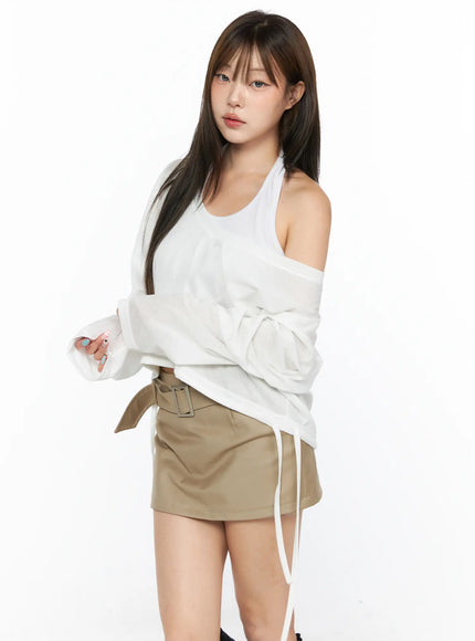 V-Neck Loose Drawstring Long Sleeve Top CL514 in White, size M/L
