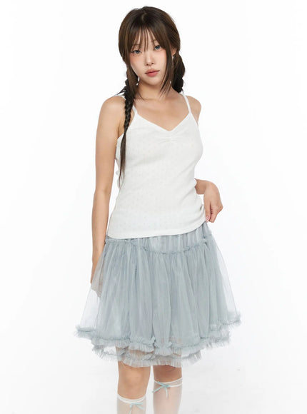LEWKIN V-Neck Pointelle Cami Top CL514 White front view on model size S/M with spaghetti straps paired with blue tulle skirt and knee socks
