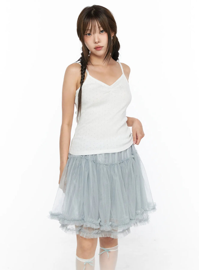 LEWKIN V-Neck Pointelle Cami Top CL514 White front view on model size S/M with spaghetti straps paired with blue tulle skirt and knee socks