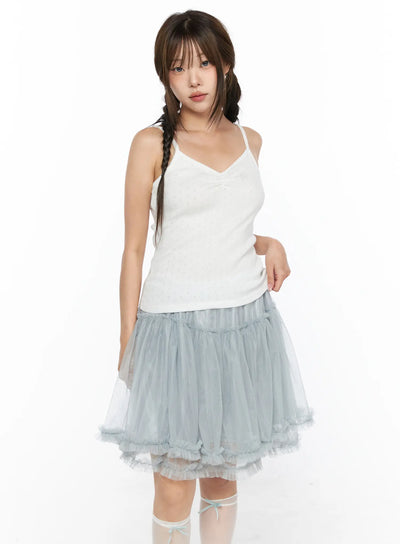 LEWKIN V-Neck Pointelle Cami Top CL514 White front view on model size S/M with spaghetti straps paired with blue tulle skirt and knee socks
