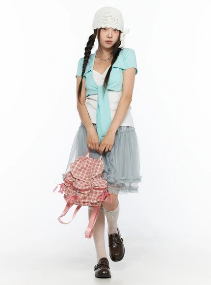 V-Neck Pointelle Cami Top CL514 White full-body front styling shot on model with mint tie-front cardigan white crochet hat blue tulle skirt and plaid bag