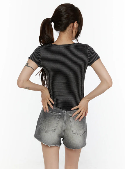 V-Neck Ribbon Striped Short Sleeve Tee CL507 Black back model shot size S/M revealing clean horizontal stripe pattern frill sleeve cuffs and cropped length