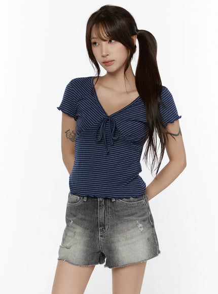 V-Neck Ribbon Striped Short Sleeve Tee CL507 in Dark blue, size S/M