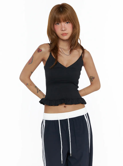 V-Neck Ruffle Cami Top CL503 in Black, size S/M