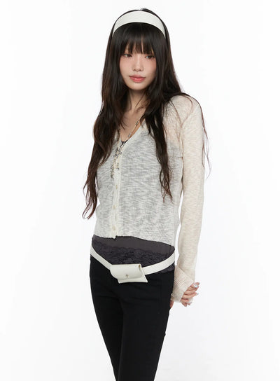 LEWKIN V-Neck Sheer Cardigan CL522 Light beige S/M front shot on model with headband, semi-sheer ribbed knit, button closure, layered over gray top with lace hem