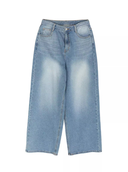 Veya Washed Baggy Jeans IU525 Blue flat-lay front view showing full wide-leg silhouette, waistband with silver button, faded wash, and contrast stitching detail