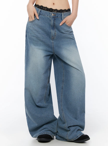 Veya Washed Baggy Jeans IU525 Blue front three-quarter waist-to-ankle shot on model, wide-leg baggy fit with lace waistband trim and faded washed denim