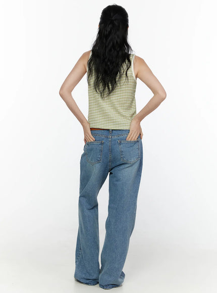Vienne Wide Leg Jeans CL521 Blue full-body back view on model with green gingham crop top, hands on hips showing wide leg length and back pockets