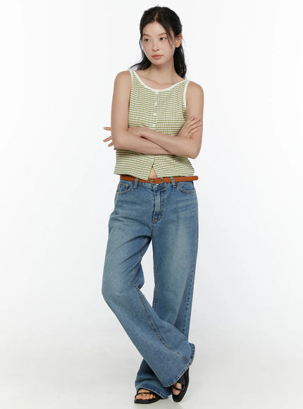 Vienne Wide Leg Jeans CL521 Blue full-body front shot on model arms crossed styled with green gingham tank top and brown leather belt