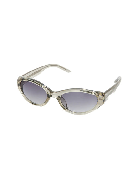 Vintage Cat Eye Fashion Sunglasses CL527 Beige One Size product flat angled shot of full translucent beige acetate oval cat-eye frame with gradient grey-blue lenses