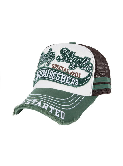 Vintage Graphic Cap IL506 Green product flat front shot, green distressed bill, white front panel with Only Style NUM1965BERS embroidery, brown mesh