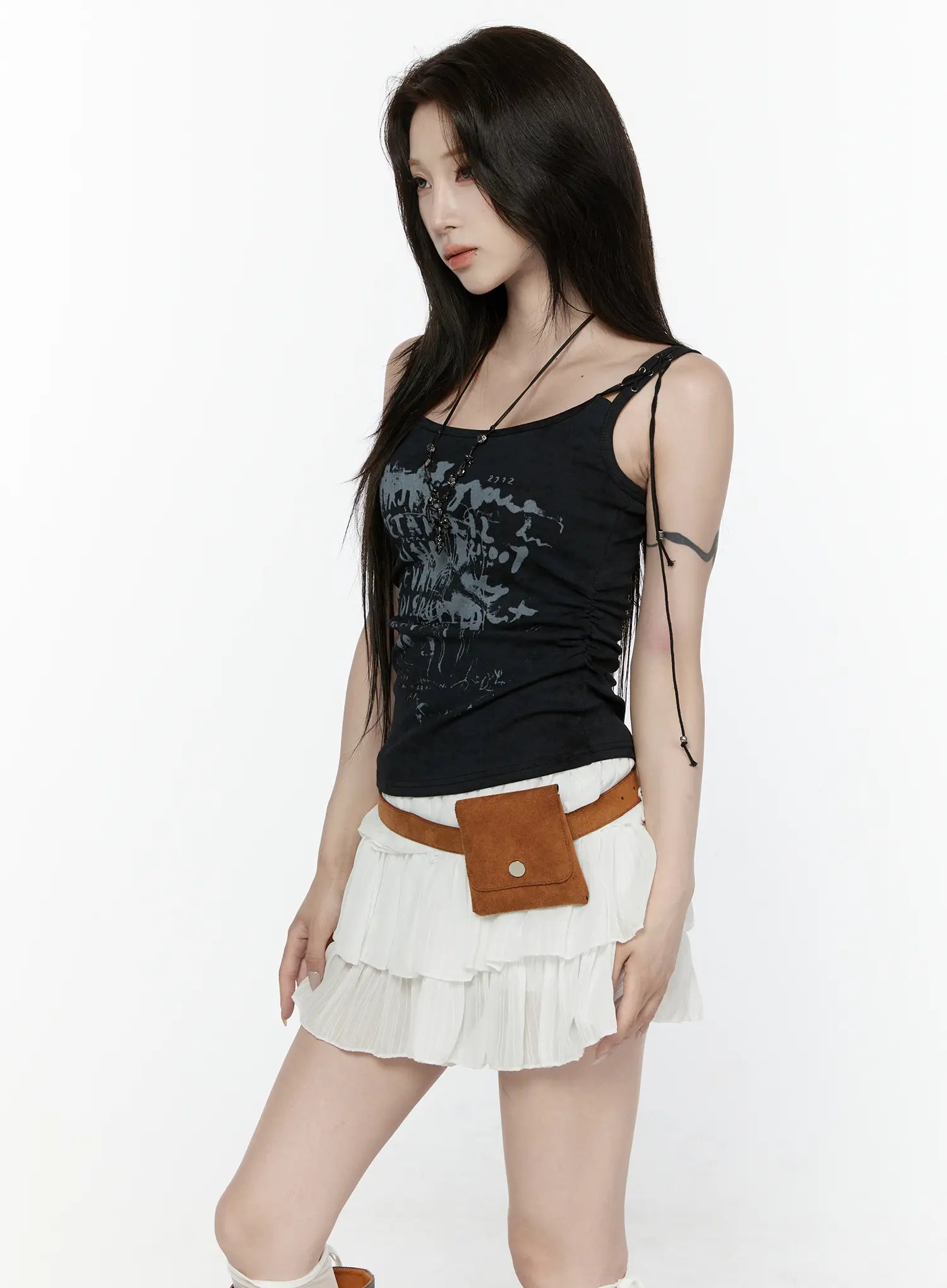 Vintage Graphic Tank Top IL521 black side shot model dark graphic print lace-up straps side ruching brown suede belt bag white tiered pleated mini skirt