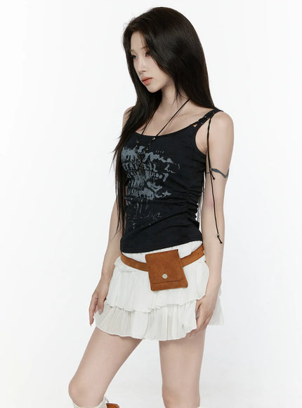 Vintage Graphic Tank Top IL521 black side shot model dark graphic print lace-up straps side ruching brown suede belt bag white tiered pleated mini skirt