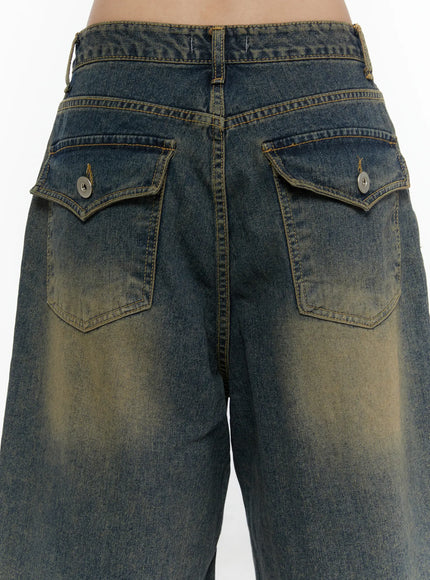 Vintage Washed Jorts CL508 Dark blue close-up back detail showing two flap pockets with button closures and vintage sand-wash fading