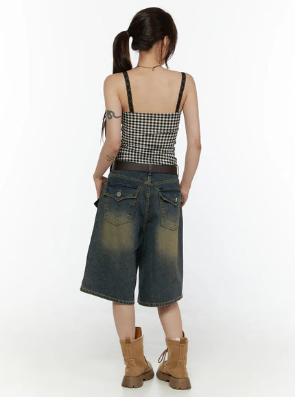 Vintage Washed Jorts CL508 Dark blue full-body back view on model styled with gingham crop cami, brown belt, and lace-up combat boots