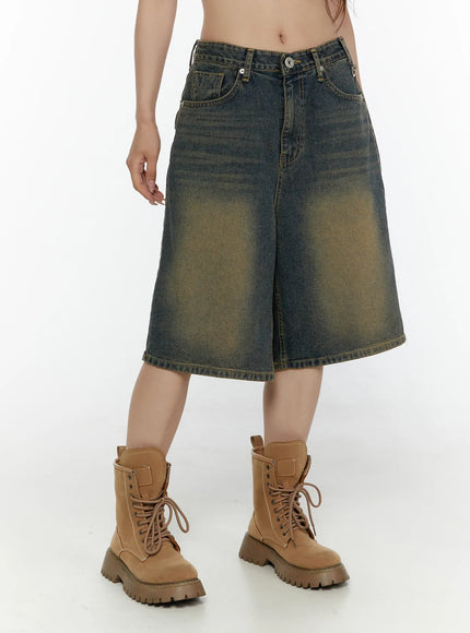 Vintage Washed Jorts CL508 Dark blue three-quarter front view on model showing wide-leg knee-length silhouette and vintage yellow-toned wash