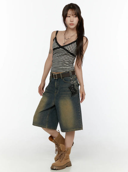 Vintage Washed Jorts CL508 Dark blue full-body front shot on model styled with gingham crop cami, brown belt, and combat boots