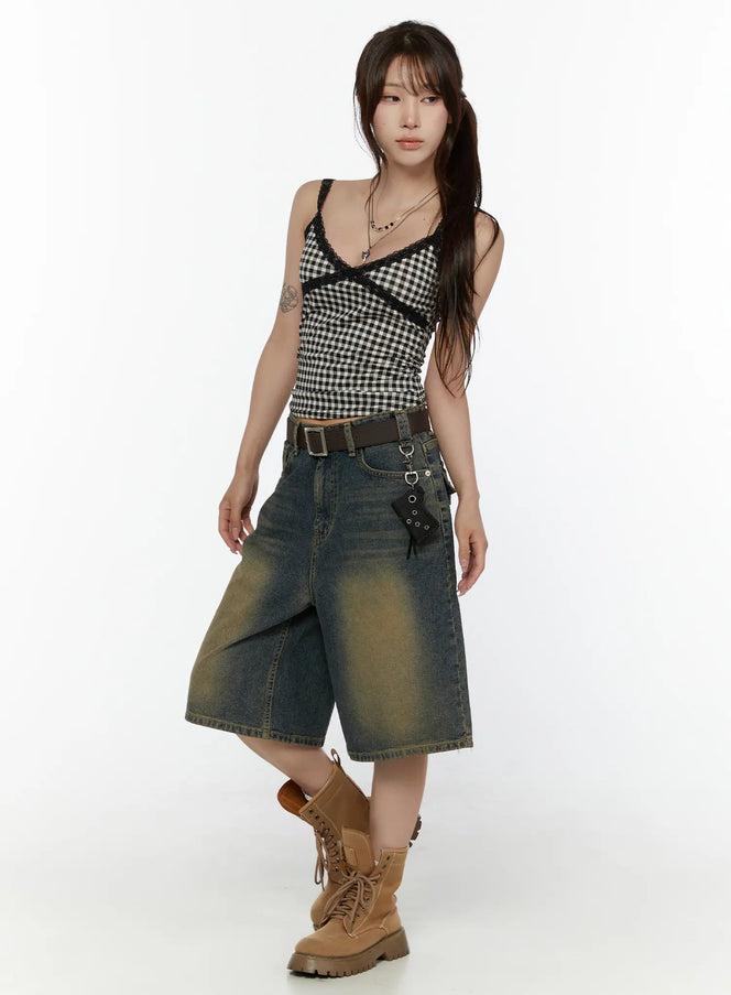 Vintage Washed Jorts CL508 Dark blue full-body front shot on model styled with gingham crop cami, brown belt, and combat boots