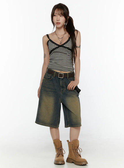 Vintage Washed Jorts CL508 Dark blue full-body front on model looking away, styled with gingham cami, dark brown belt, and tan combat boots